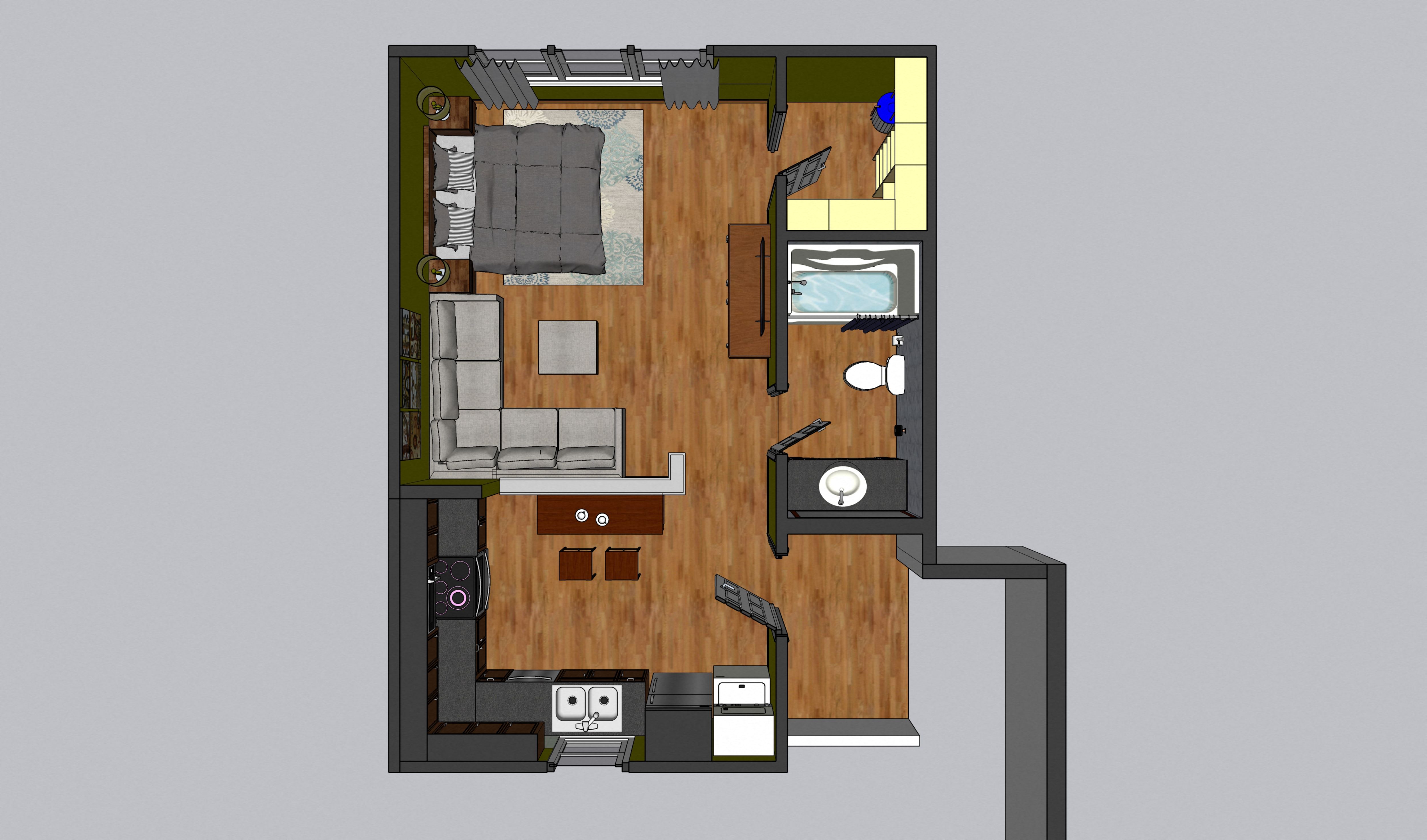 Floor plan for studio, 1 bath, 490 sqft